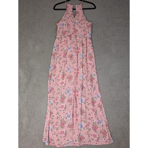 Almost Famous Womens Maxi Pink Dress Floral Sleeveless Ruffled Bust Sz M Garden - Picture 9 of 12